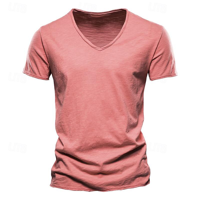 Men's T Shirt Tee V Neck Basic Casual Muscle Short Sleeve Dark Yellow Dark Brown Navy Wine Red Kong Lan Black Solid Color V Neck Daily Zipper Clothing Clothes Polyester 1pc Basic Casual Muscle2