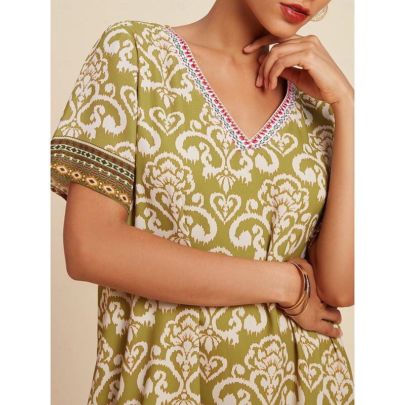 Chiffon Geometric Boho V Neck Short Sleeve Mini Dress2