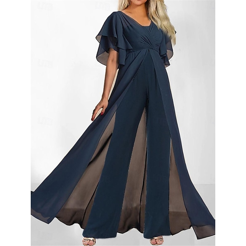 Women's Normal Jumpsuit Elegant Solid Color Short Sleeve V Neck High Waist With Train Office Work Regular Fit Navy Blue Summer