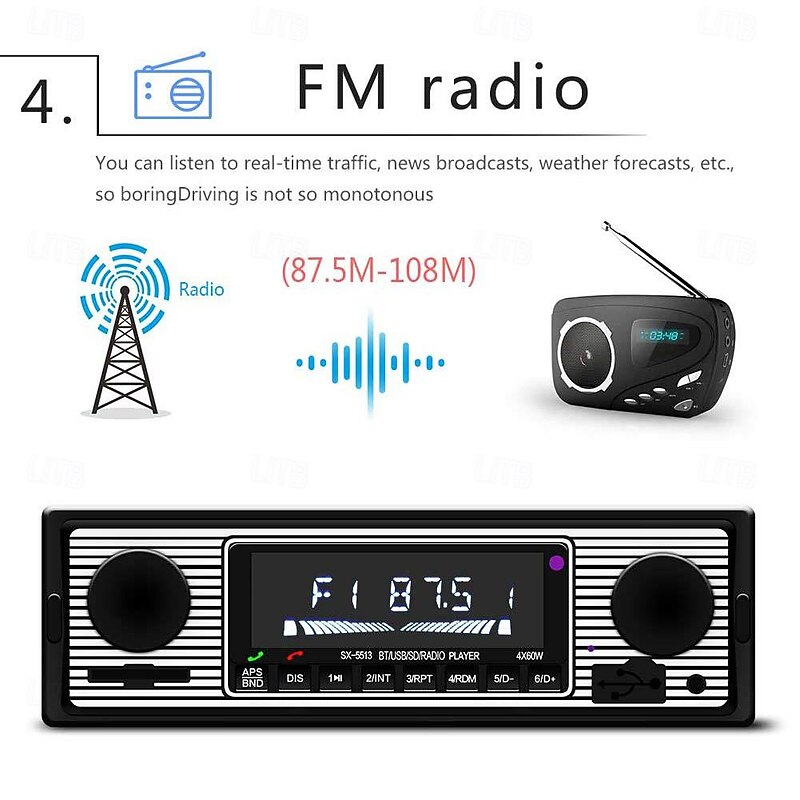 Car Stereo Bluetooth Vintage Car Radio MP3 Player Stereo USB for AUX Classic Car Stereo Audio Silver Black2