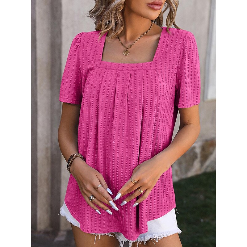 Women's Shirt Dressy Tops Plain Stylish Casual Short Sleeve Square Neck Regular Tops Vacation Daily Tiered Black Royal Blue Green Rose Pink Summer3