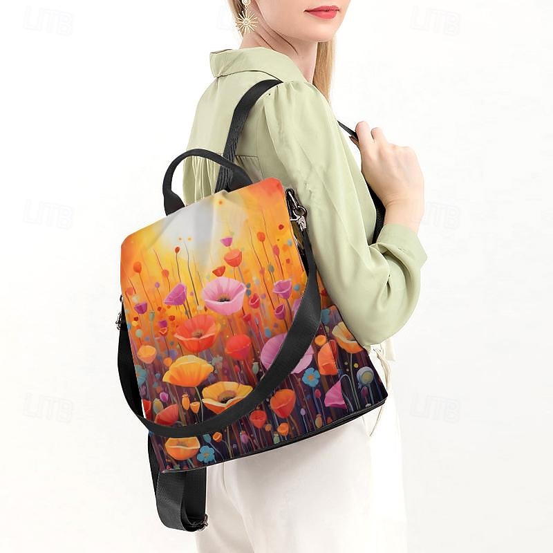 Women's Backpack School Bag Bookbag School Outdoor Daily Floral Print Flower Polyester Large Capacity Waterproof Multi Carry Zipper Print Yellow Red2