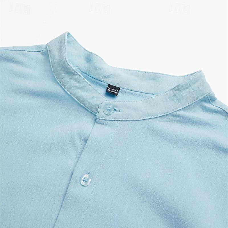 Men's Shirt Linen Shirt Band Collar Shirt Summer Shirt Beach Wear Button Up Shirt Plain Vacation Curise Black White Pink Blue Long Sleeve Band Collar Spring & Summer Clothing Apparel2