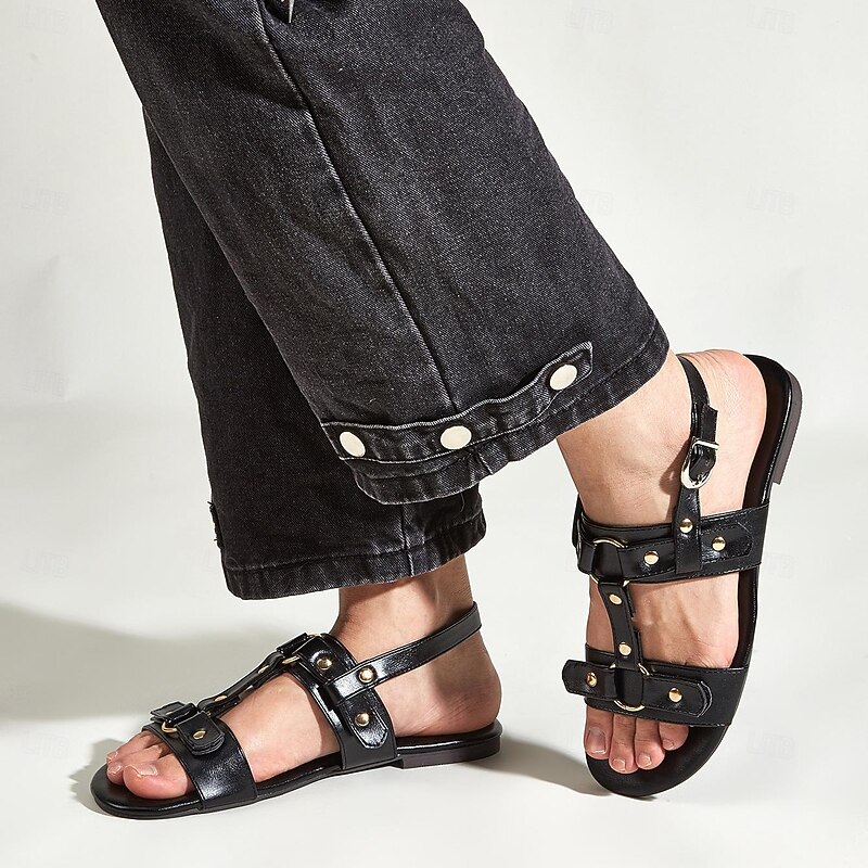 Men's PU Leather Sandals Gladiator Sandals Roman Sandals Black Summer Sandals Walking Vintage Casual Vacation Beach Breathable Buckle Shoes