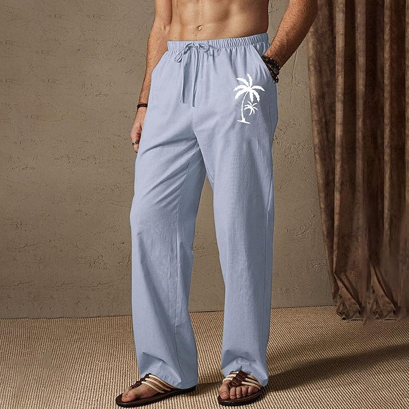 Men's Summer Pants Elastic Waist Tree Coconut Tree Comfort Full Length Outdoor Streetwear Vacation Hawaiian White Blue Micro-elastic4