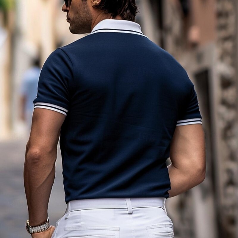 Men's Business Polo Pique Polo Shirt Business Casual Ribbed Polo Collar Classic Short Sleeve Color Block Patchwork Embroidered Summer Spring &  Fall Dark Grey Black Burgundy Navy Blue Royal Blue2