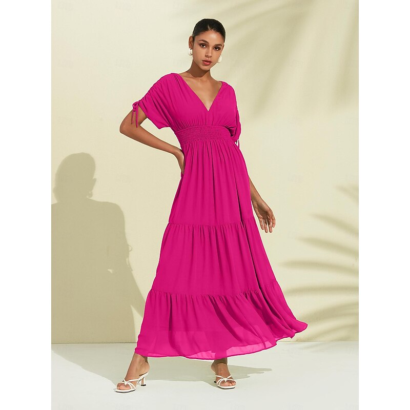 Women's Green Dress Hem Maxi Rose Red Short Sleeve Solid / Plain Color Tie Back Summer V Neck Dresses Vacation S M L4