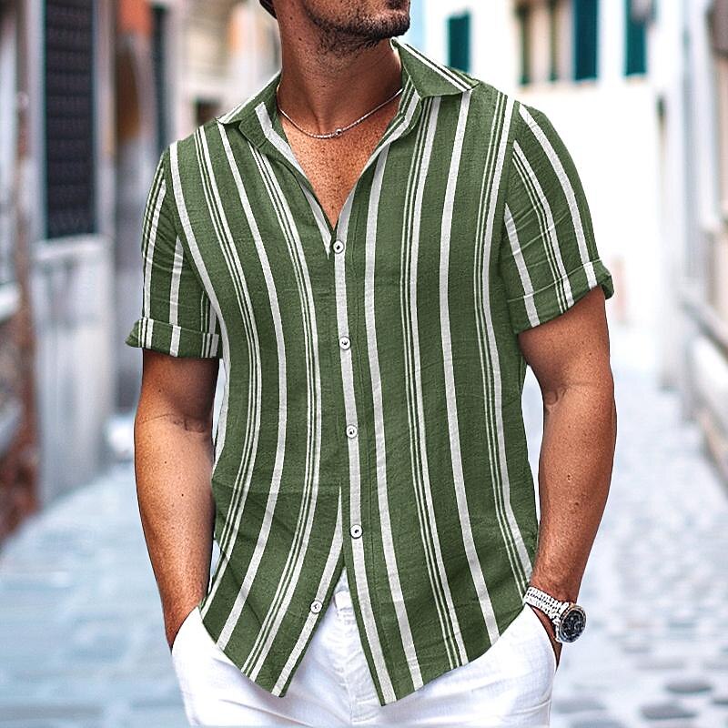 Men's Shirt Summer Shirt Beach Wear Button Up Shirt Casual Shirt Navy Blue Blue Green Short Sleeve Stripes Lapel Daily Vacation Clothing Apparel Fashion Casual Comfortable