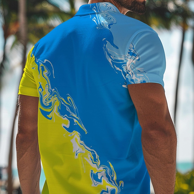 Men's Hawaiian Polo Shirts Golf Shirt Short Sleeve Polo Shirts Collared Shirts Casual Beach Wear Vacation Wear Tropical Wear Party Outfits Buttons 3D Print Summer Spring Blue2