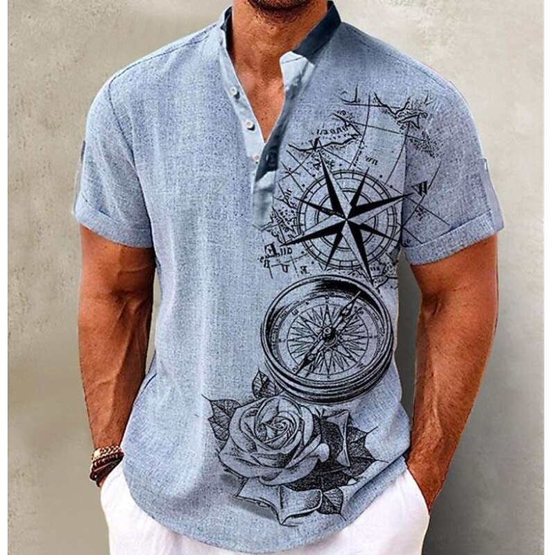 Men's Shirt Linen Shirt Beach Shirt Graphic Prints Outdoor Vacation Pink Blue Green Khaki Short Sleeve Stand Collar Summer Spring Clothing Apparel Print3