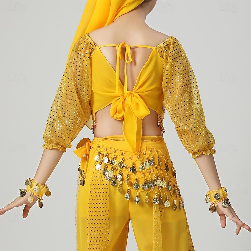 Belly Dance Kids' Dancewear Top Pure Color Splicing Tulle Girls' Performance Training 3/4 Length Sleeve High Polyester2