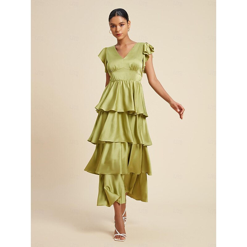 Satin Ruffle V Neck Maxi Dress2