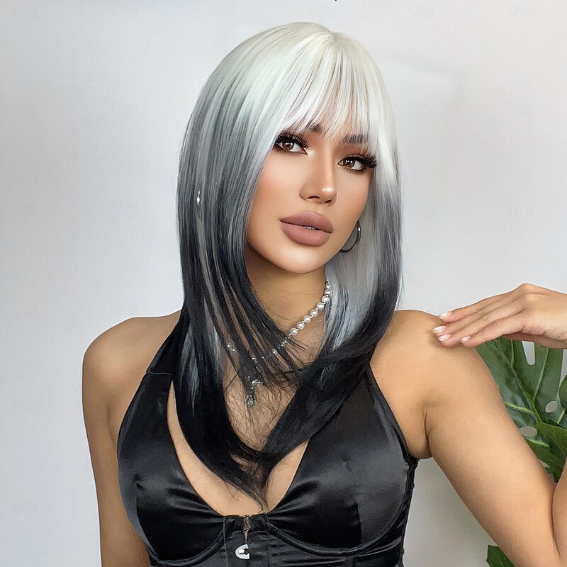 Synthetic Wig Uniforms Career Costumes Princess Straight kinky Straight Middle Part Layered Haircut Machine Made Wig 24 inch Black-white Synthetic Hair Women's Cosplay Party Fashion White3