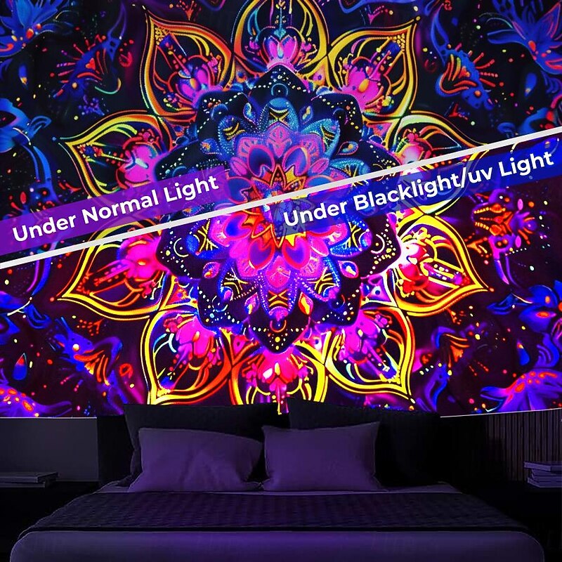 Mandala Bohemian Blacklight Tapestry UV Reactive Glow in the Dark Trippy Zen Meditation Misty Nature Hanging Tapestry Wall Art Mural for Living Room Bedroom3