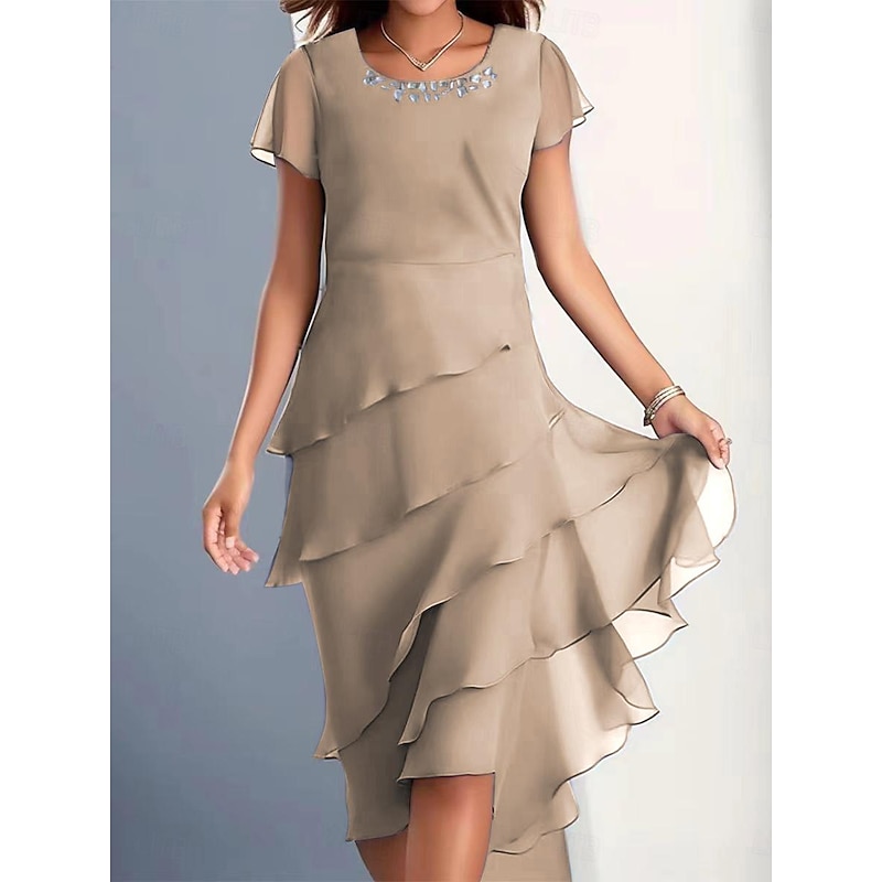 Women's Midi Dress Cocktail Dress Wedding Guest Dress Chiffon Dress Plain Dress Elegant Formal Wedding Guest Cocktail Party Regular Fit Short Sleeve Crew Neck Wine Blue Camel Green Summer4