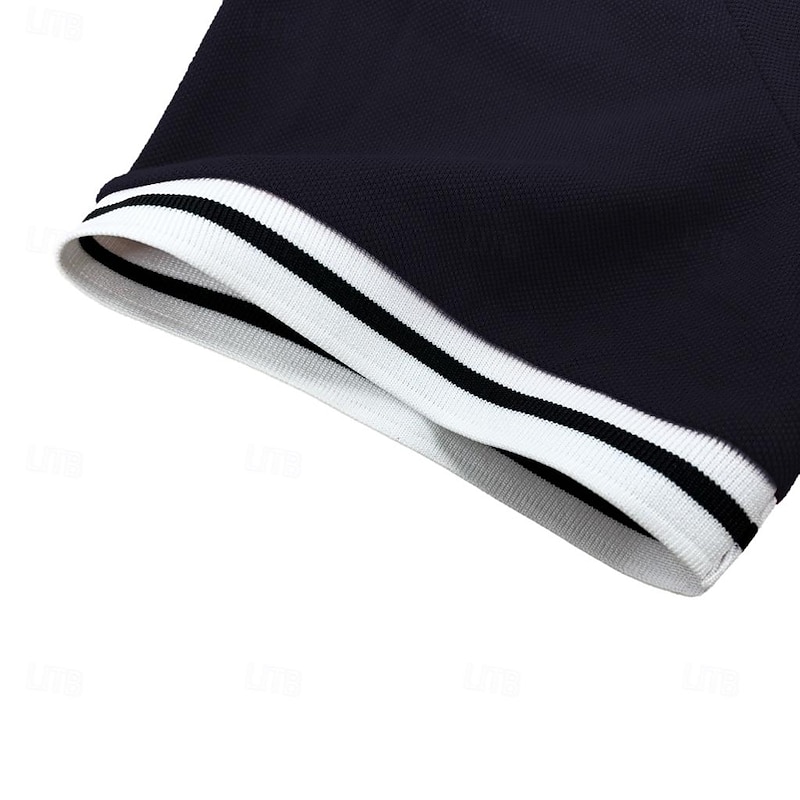 Men's Cotton Polo Shirt Golf Shirt Business Casual Ribbed Polo Collar Short Sleeve Fashion Basic Solid Color Color Block Buttons Summer Spring &  Fall Regular Fit Light Blue Black Blue Cotton Polo4
