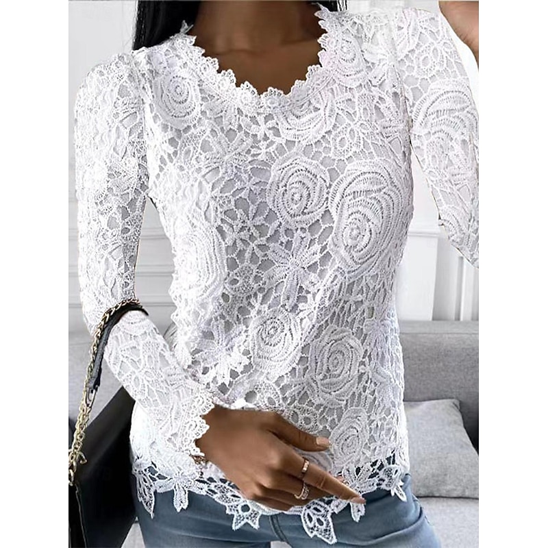 Shirt Blouse Dressy Tops Women's White Pink Wine Plain Lace Street Daily Fashion Round Neck Regular Fit S2