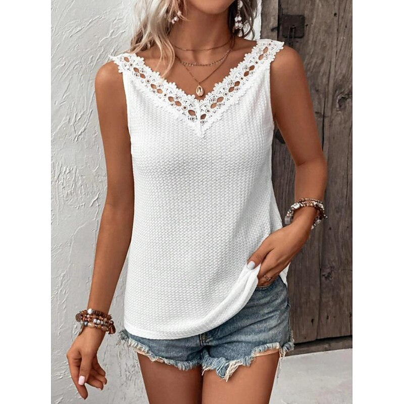 Women's Camisole Tank Top Stylish Lace Eyelet Sleeveless Sleeveless V Neck Daily White Summer3
