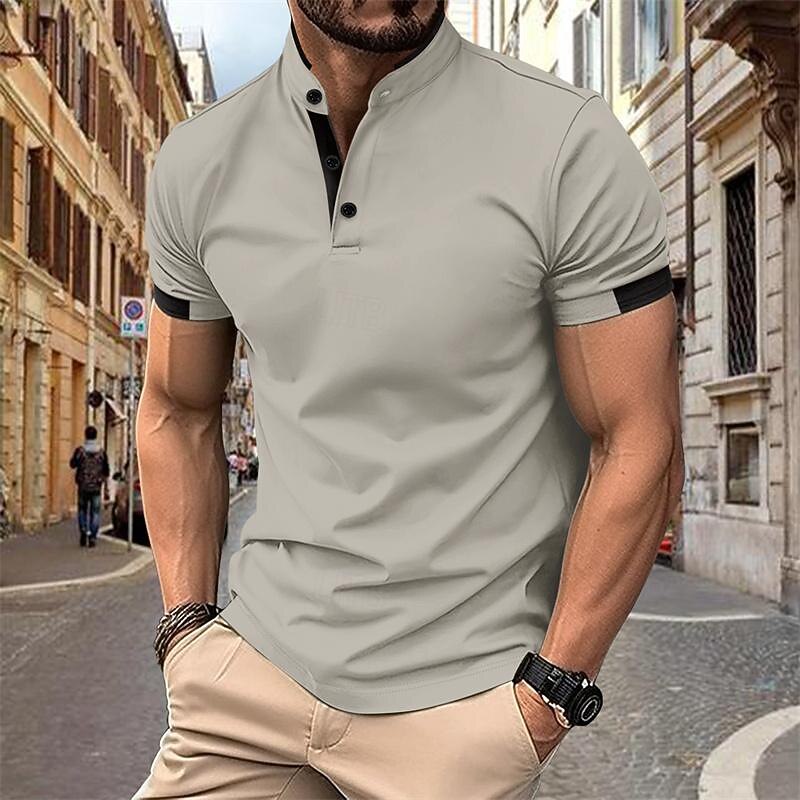 Men's Golf Shirt Golf Polo Work Casual Stand Collar Short Sleeve Basic Modern Color Block Patchwork Button Spring & Summer Regular Fit Black White Navy Blue Sky Blue Khaki Gray Golf Shirt3