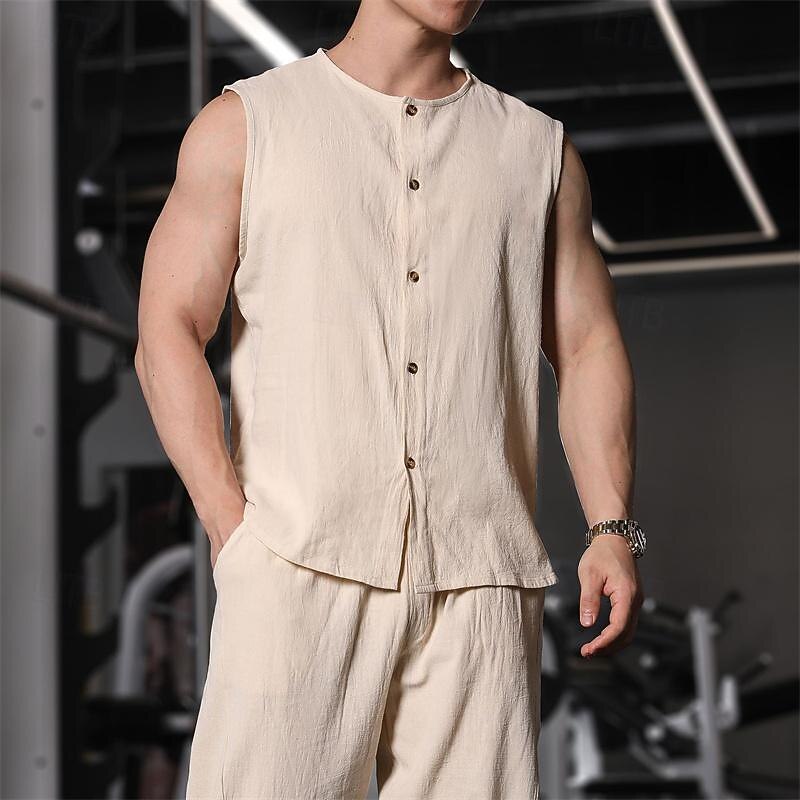 Men's Tank Top Vest Top Undershirt Sleeveless Shirt Sleeveless Mandarin Collar Spring & Summer Plain Fashion Designer Basic Buttons Vacation Street Going out Black Khaki Dark Gray Top Tee for Men
