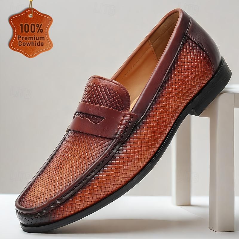 Men's Woven Burgundy Leather Loafers - Elegant Dress Shoes with Textured Finish and Premium Cowhide