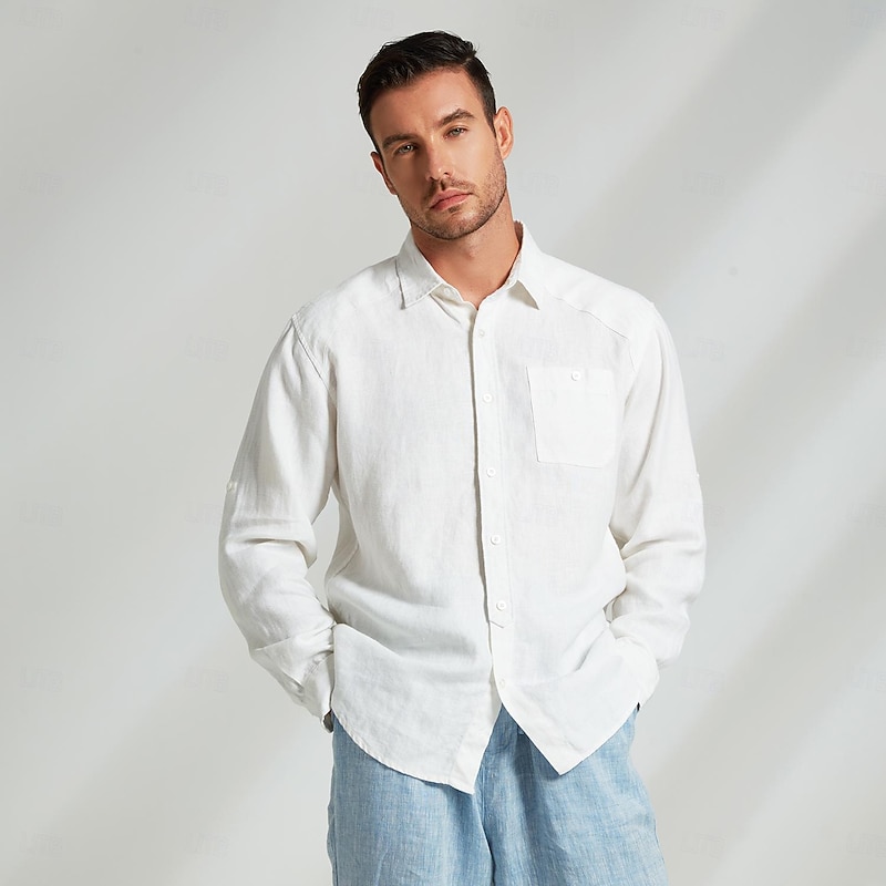 Men's 100% Linen Shirt White Long Sleeve Solid Color Turndown Summer Outdoor Office / Career Clothing Apparel Button3