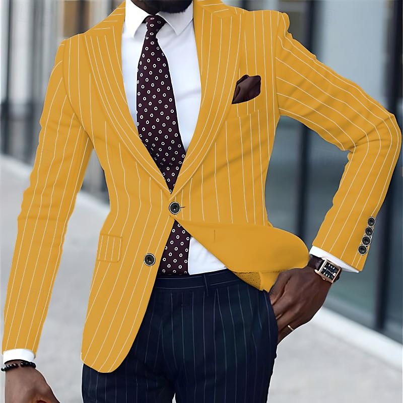 Men's Graduation Blazer Business Cocktail Party Wedding Party Fashion Casual Spring &  Fall Polyester Stripes Pocket Buttons Comfortable Single Breasted Blazer Black White Yellow Pink3