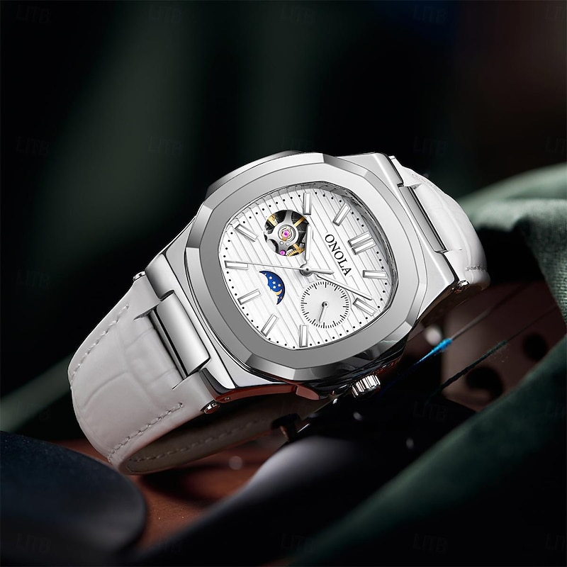ONOLA Men Mechanical Watch Fashion Business Wristwatch Automatic Self-winding Moon phase Luminous Waterproof Leather Watch3