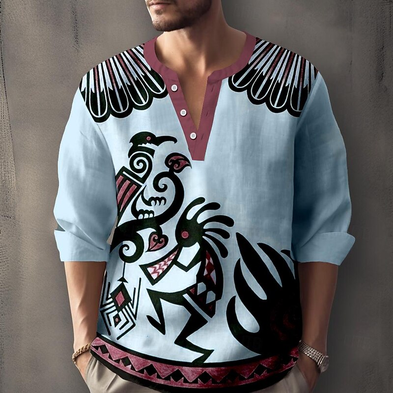Men's Shirt Button Up Shirt Long Sleeve Casual Tribal Holiday Summer Spring Fall Stand Collar Print Blue Beige2
