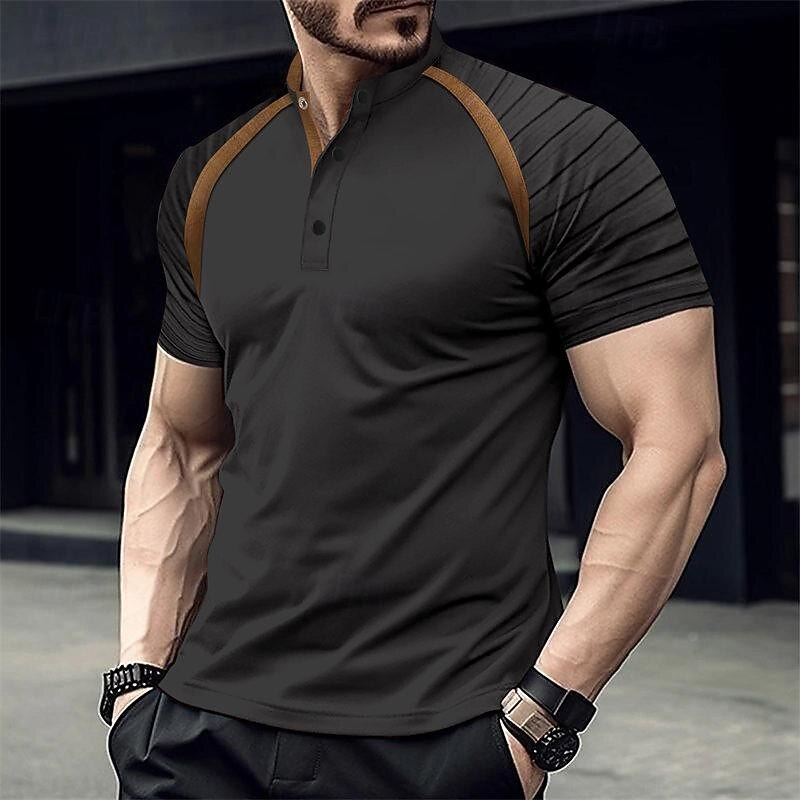 Men's Button T Shirt T Shirt Henley Shirt Tee Short Sleeve Henley Spring & Summer Color Block Fashion Designer Basic Vacation Street Going out Black Pink Brown Top Tee for Men2