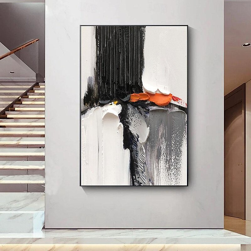 Oil Painting hand painted Black and White 3D Texture Abstract Painting Large Minimalist Abstract painting Wall Art Orange Texture Painting Black and White Minimalist Painting3