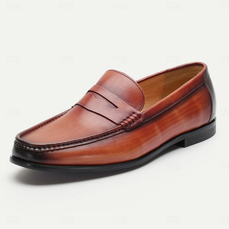 Men's Classic Burnished Tan Leather Loafers - Sleek Slip-On Dress Shoes with Premium Cowhide3