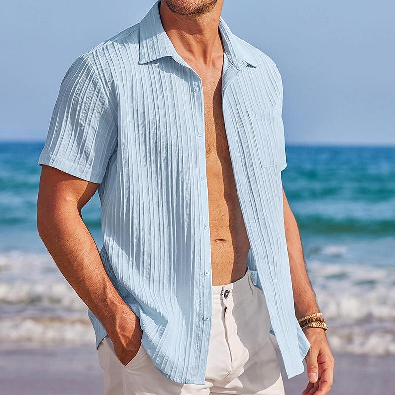 Men's Shirt Summer Shirt Casual Shirt Beach Shirt Button Up Shirt White Light Blue Short Sleeve Plain Lapel Vacation Hawaiian Front Pocket Clothing Apparel Polyester Fashion Casual Comfortable3
