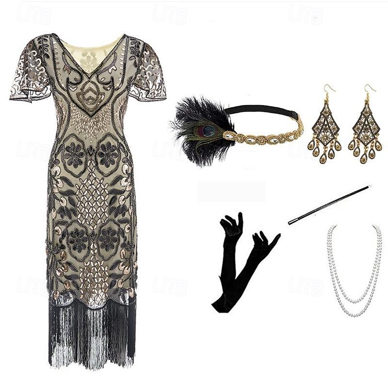 Retro Vintage Roaring 20s 1920s Flapper Dress Outfits Cocktail Dress The Great Gatsby Wedding Guest Sequins Tassel Fringe Fancy Dress Women's Christmas Carnival Masquerade Party / Evening Masquerade2