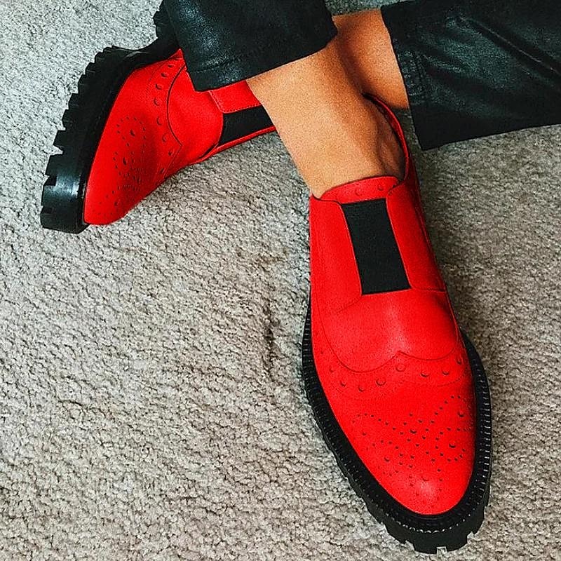 Men's Red Brogue Faux Leather Slip-On Shoes - Vintage Design with Elastic Gussets and Rugged Sole for Formal and Casual Occasions - Main Image