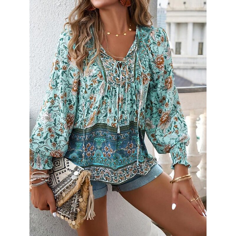 Women's Blouse Stylish Boho Floral Tie Front Lantern Sleeve Long Sleeve Tie Neck Daily Pink Navy Blue Orange Green Summer4