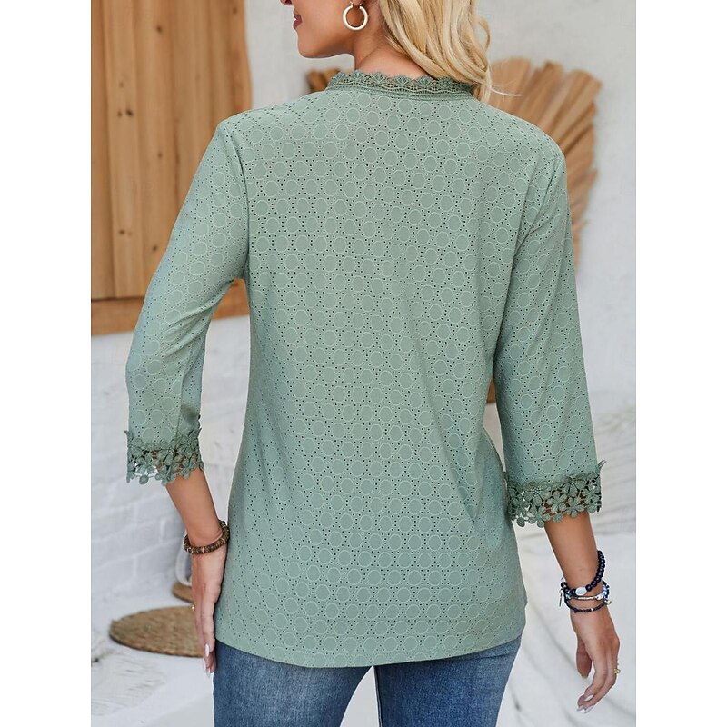Women's Blouse Dressy Tops Daily 3/4 Length Sleeve V Neck Lace Sage Green Black Pink Beige Spring & Summer2