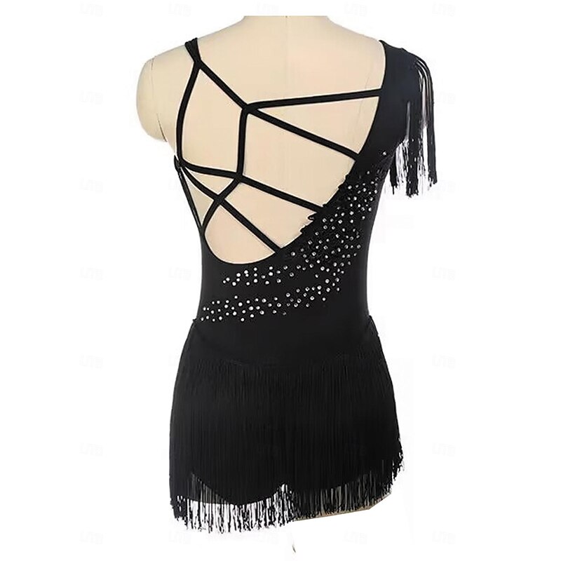 Figure Skating Dress Women's Girls' Ice Skating Dress Black Patchwork Tassel Mesh Spandex Stretchy Training Practice Professional Skating Wear Thermal Warm Crystal / Rhinestone Sleeveless Ice Skating2