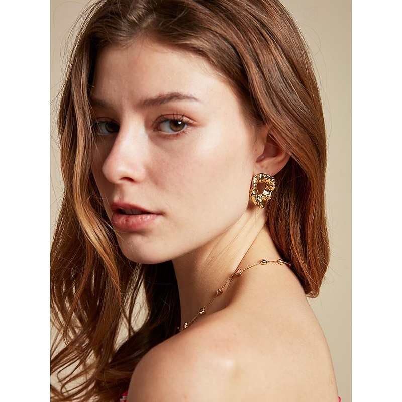 Gold Textured Stainless Steel Earrings - Unique Sculptural Hollow Design for Women3