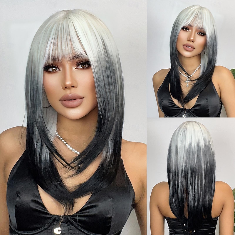 Synthetic Wig Uniforms Career Costumes Princess Straight kinky Straight Middle Part Layered Haircut Machine Made Wig 24 inch Black-white Synthetic Hair Women's Cosplay Party Fashion White