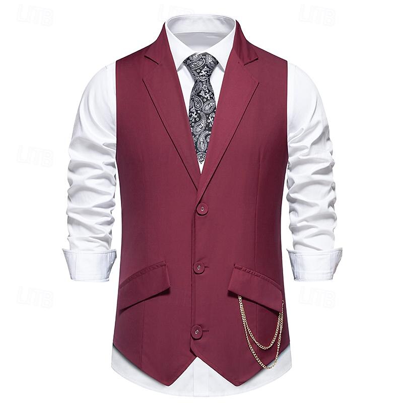 Men's Vest Gilet Daily Wear Vacation Going out Vintage Fashion Spring &  Fall Button Polyester Comfortable Plain Single Breasted Lapel Regular Fit Black Burgundy Dark Navy Vest2