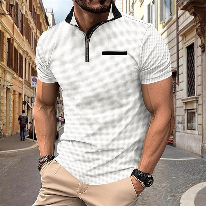 Men's Waffle Polo Shirt Quarter Zip Polo Daily Holiday Quarter Zip Short Sleeve Fashion Basic Color Block Spring & Summer Regular Fit Black White Red Navy Blue Khaki Light Grey Waffle Polo Shirt3