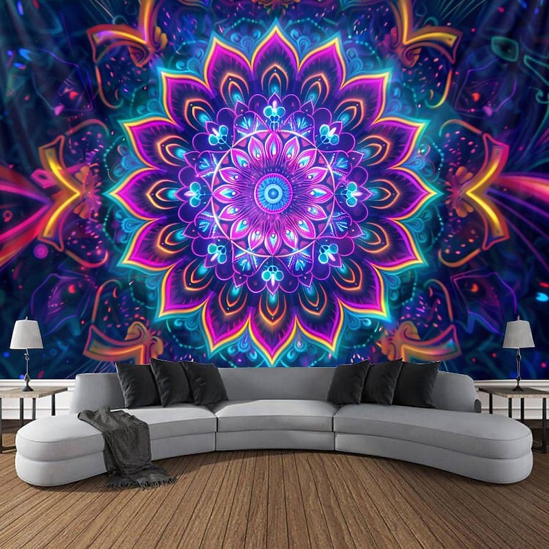Mandala Bohemian Blacklight Tapestry UV Reactive Glow in the Dark Trippy Zen Meditation Misty Nature Hanging Tapestry Wall Art Mural for Living Room Bedroom2