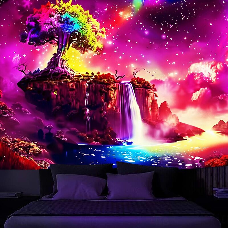 Blacklight Tapestry UV Reactive Glow in the Dark Glow Party Neon Fantasy Waterfall Rainbow Psychedelic Trippy Misty Hanging Tapestry Wall Art Mural for Living Room Bedroom2