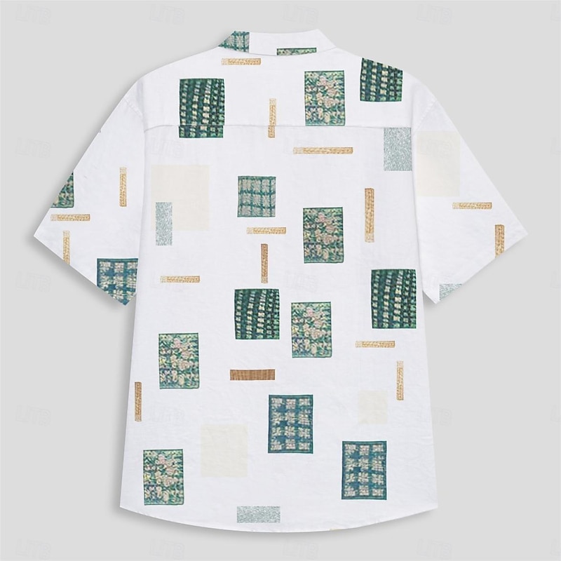 Men's Geometric Linen Shirt Casual Shirt Button Up Shirt Short Sleeve Fashion Daily Sports & Outdoors Outdoor Sport Causal Lapel Buttons White4