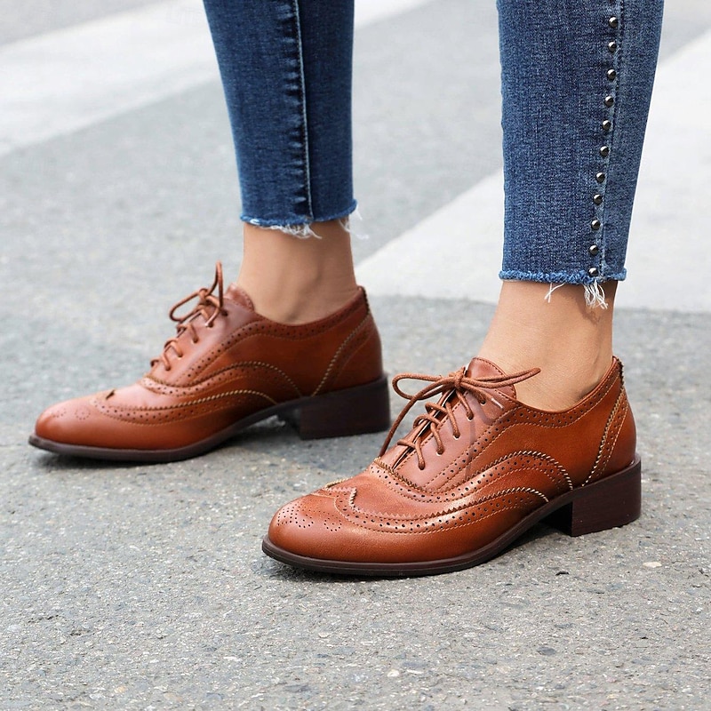 Women's Brown Faux Leather Brogue Oxford Shoes - Lace-Up Vintage Style Flats with Wingtip Detailing for Casual or Formal Wear2