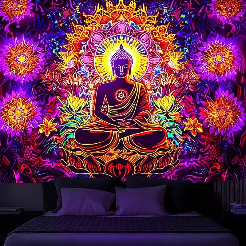 Bohemian Buddha Blacklight Tapestry UV Reactive Glow in the Dark Glow Party Lotus Trippy Misty Nature Landscape Hanging Tapestry Wall Art Mural for Living Room Bedroom2