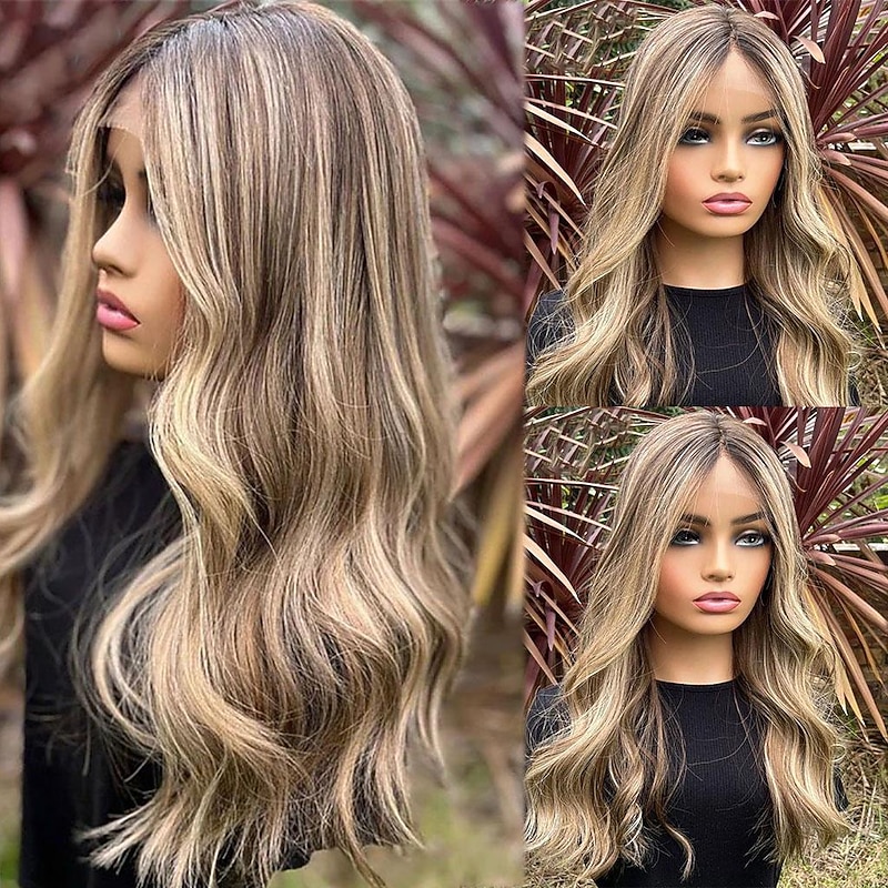 Remy Human Hair 13x4 Lace Front Wig Middle Part Brazilian Hair Wavy Multi-color Wig 130% 150% Density Ombre Hair Highlighted / Balayage Hair Glueless For Women Long Human Hair Lace Wig2