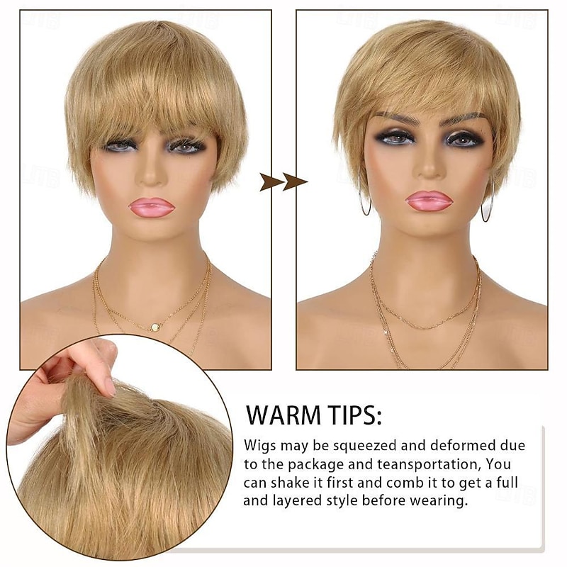 Short Pixie Cut Human Hair Wig with Bangs 150% Density Blonde Layered Wavy Wigs for Women 27#4