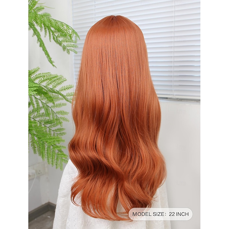 Synthetic Wig Deep Wave Neat Bang Wig 22 inch Auburn Synthetic Hair Women's Orange3
